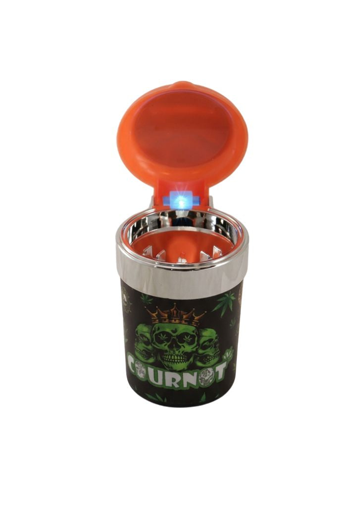 butt bucket with an orange top and black base featuring a skull design on a white background