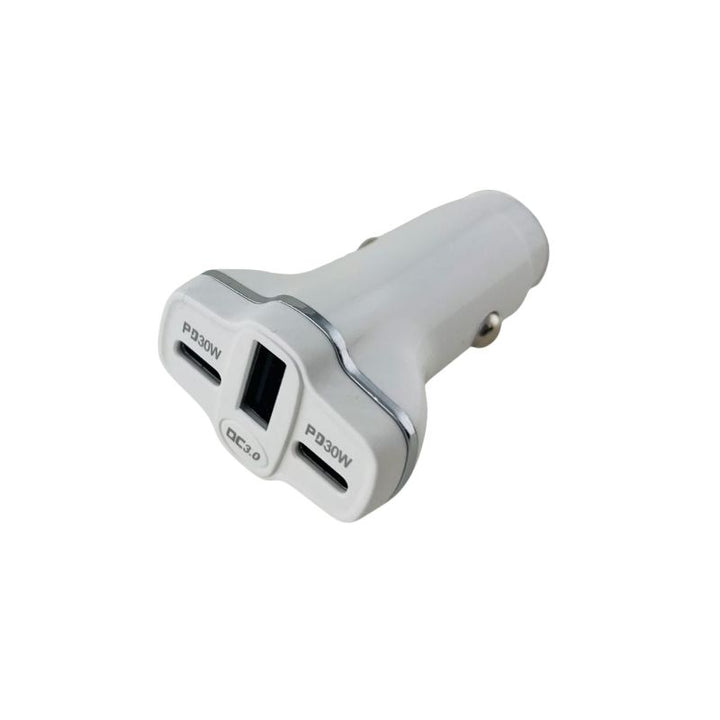 A white car cigarette lighter charger with two USB-A ports and one USB-C port, featuring power labels of 25W and 15W, on a solid white background.