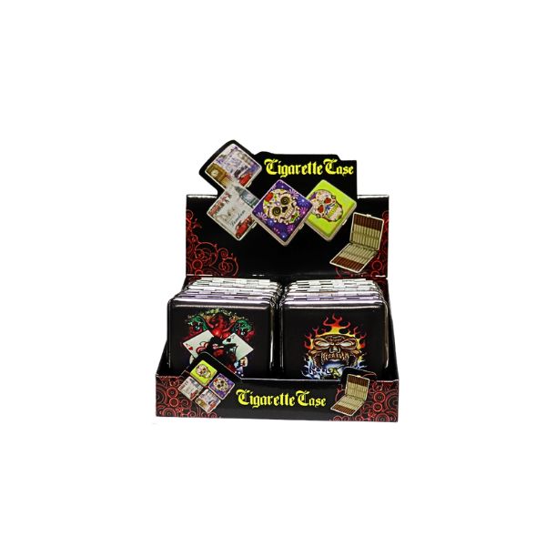 Display of cigarette cases with colorful designs on a white background