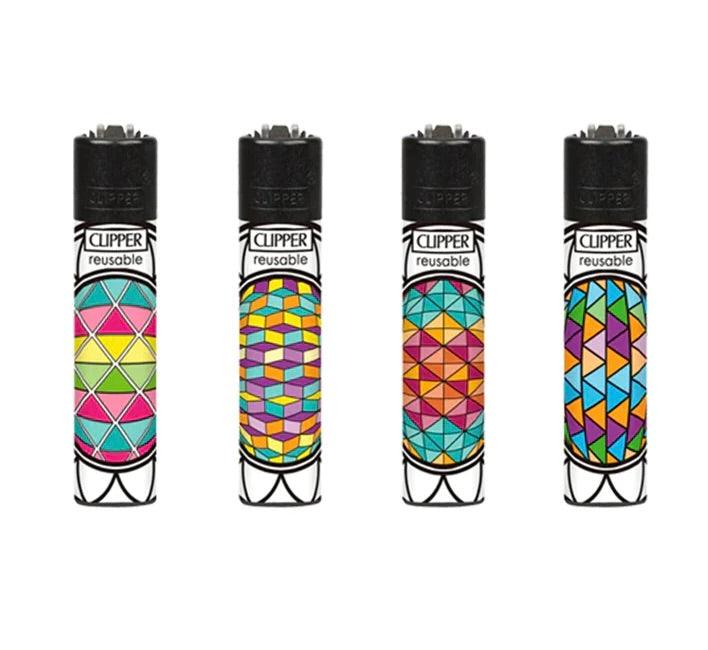 Four Clipper lighters with colorful geometric patterns on a white background