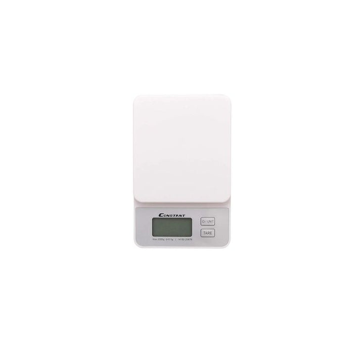 Digital kitchen scale with a white lid on a white background