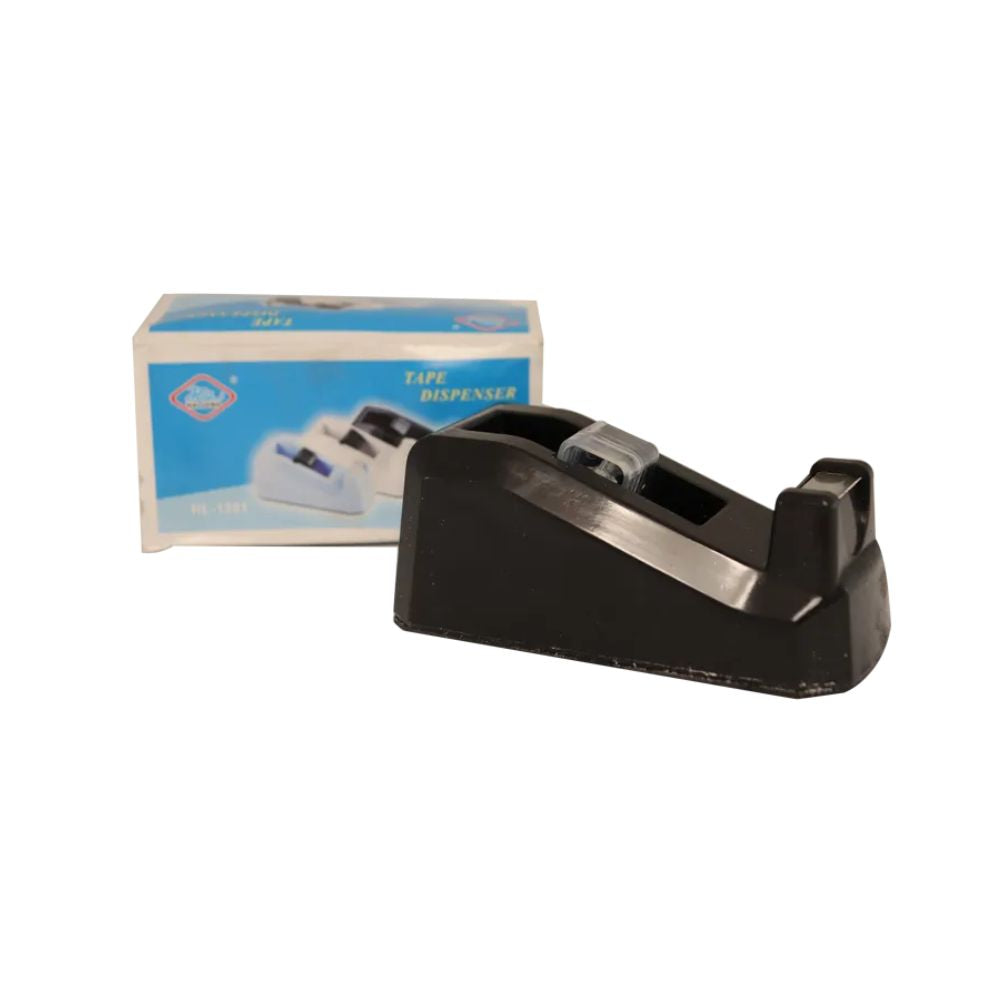 A black plastic tape dispenser with a silver metallic inner roller, shown next to its blue and white retail packaging box on a white background.