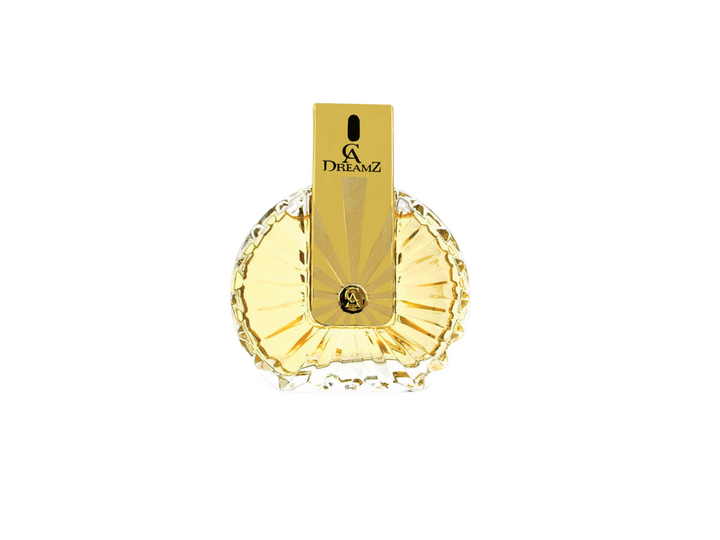 Gold and clear perfume bottle with &