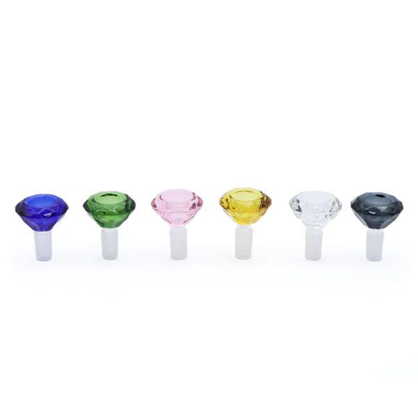 Set of six colorful glass smoking bowls on a white background