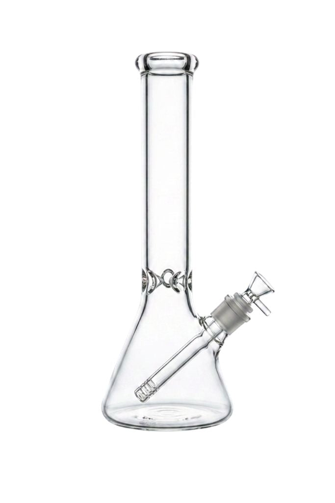 Clear glass beaker with a spout on a white background