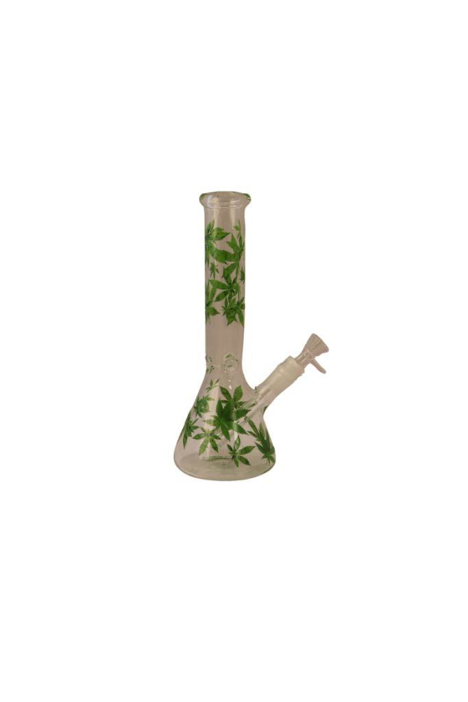 Glass water pipe with cannabis leaf design on a white background