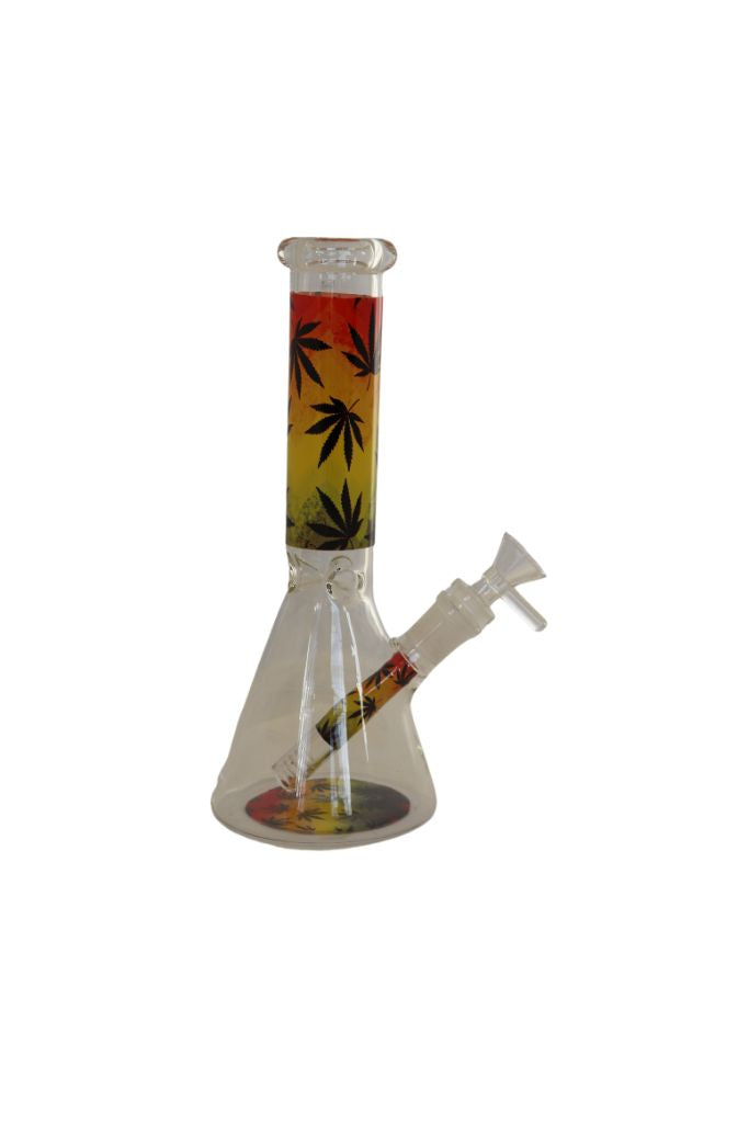 Glass bong with colorful leaf design on a white background