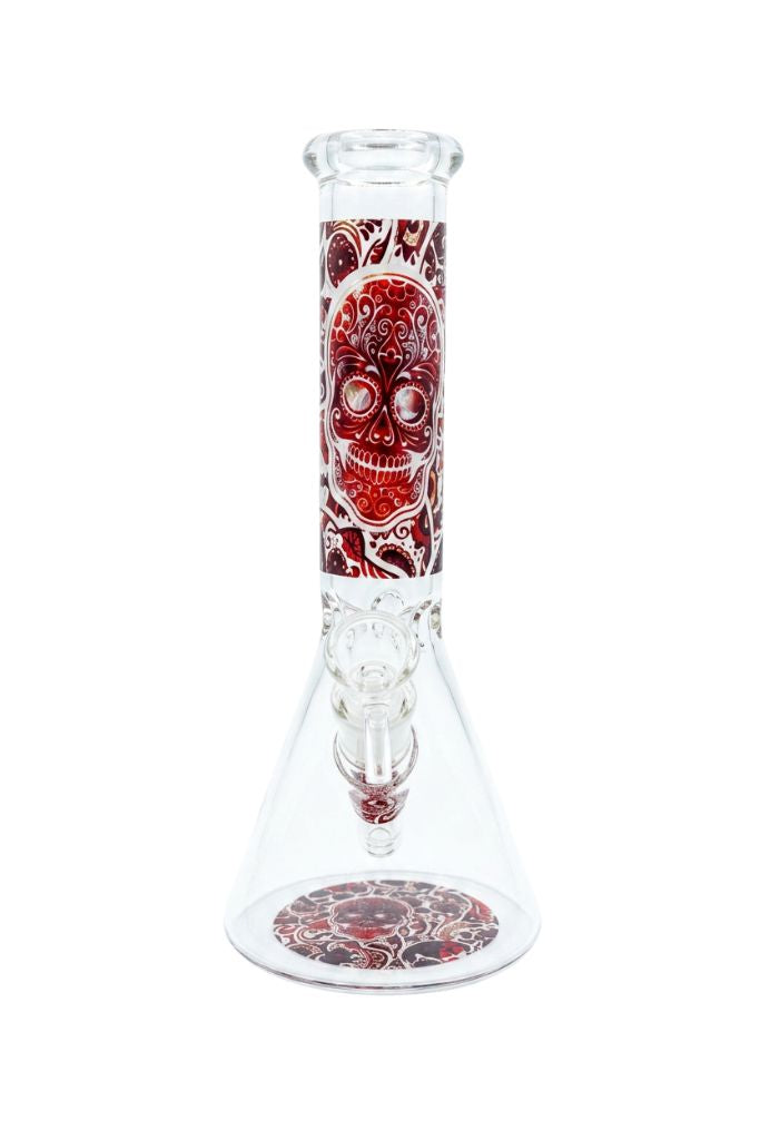 Glass bong with red skull design on a white background