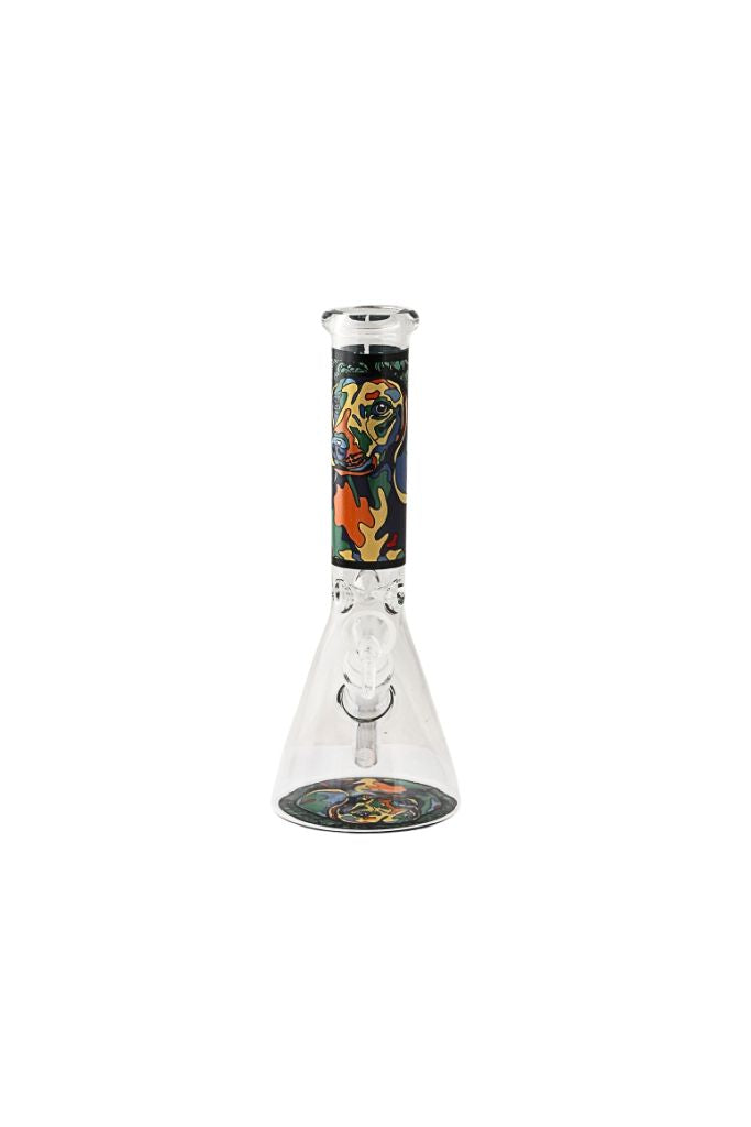 Glass bong with colorful design on a white background