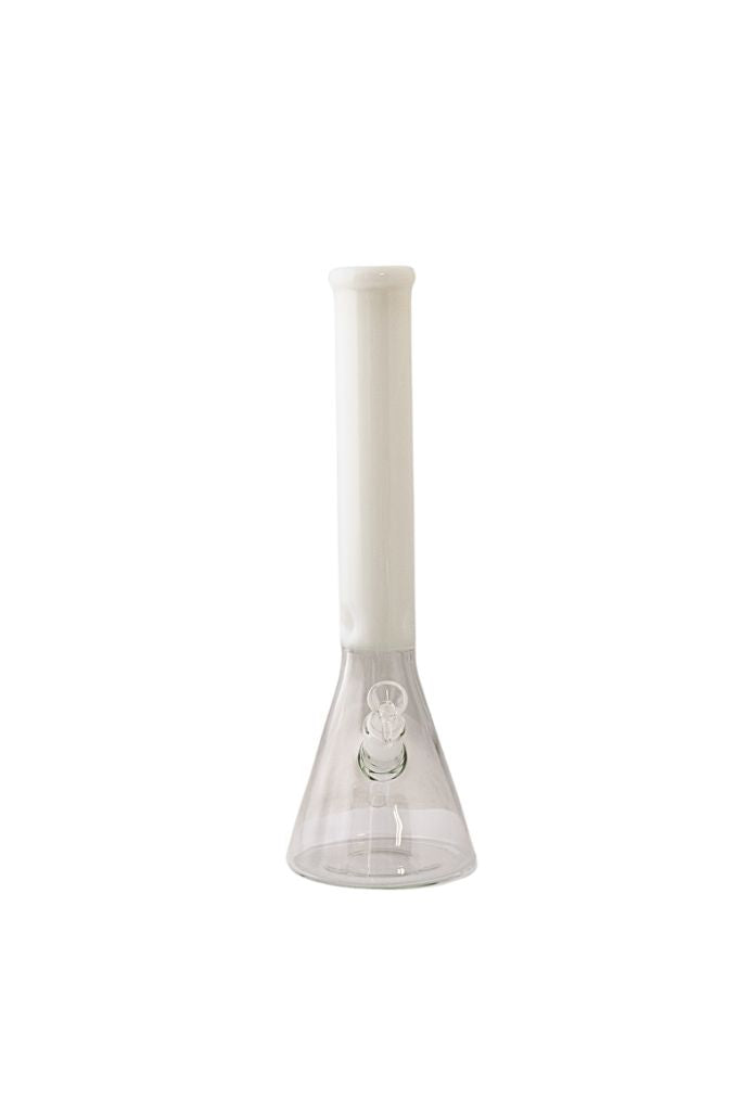 Clear glass beaker with white rubber stopper on a white background