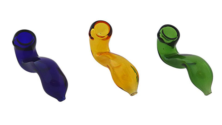 Three glass pipes in blue, yellow, and green on a white background