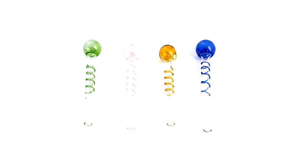 Three colorful spiral beads on a white background