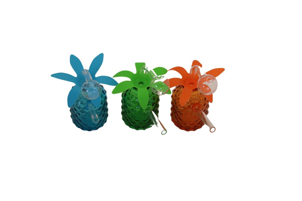 Three colorful pineapple-shaped water pipes on a white background