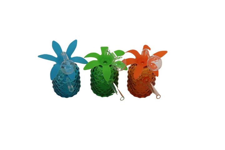 Three colorful pineapple-shaped water pipes on a white background