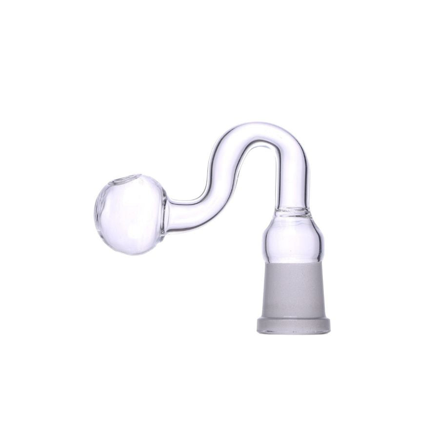 Clear glass water pipe neck with a curved neck, a spherical bowl, and a gray silicone base, shown on a white background.