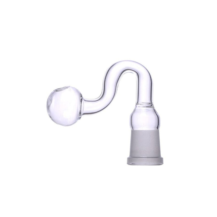 Clear glass water pipe neck with a curved neck, a spherical bowl, and a gray silicone base, shown on a white background.