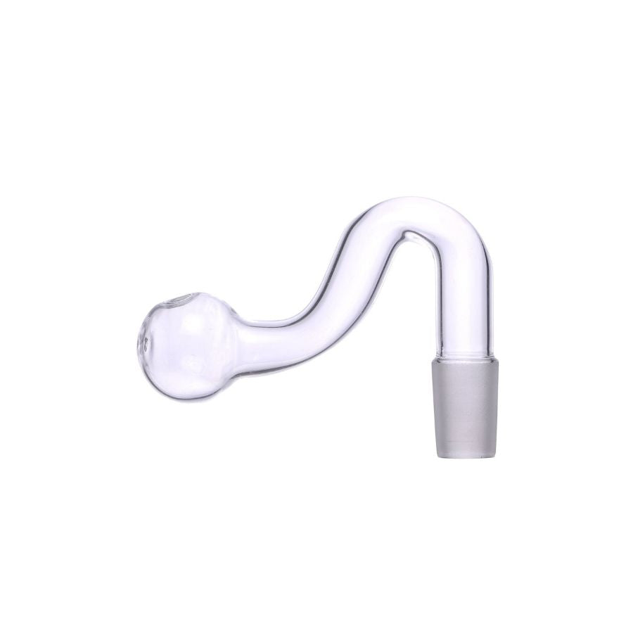 A clear glass S-bend water pipe bowl attachment with a frosted gray base, shown on a solid white background.