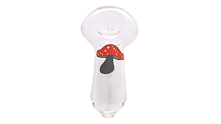 Glass smoking device with a mushroom design on a white background