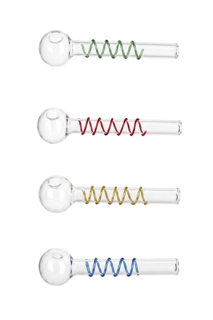 glass smoking accessories with colored coils on a white background