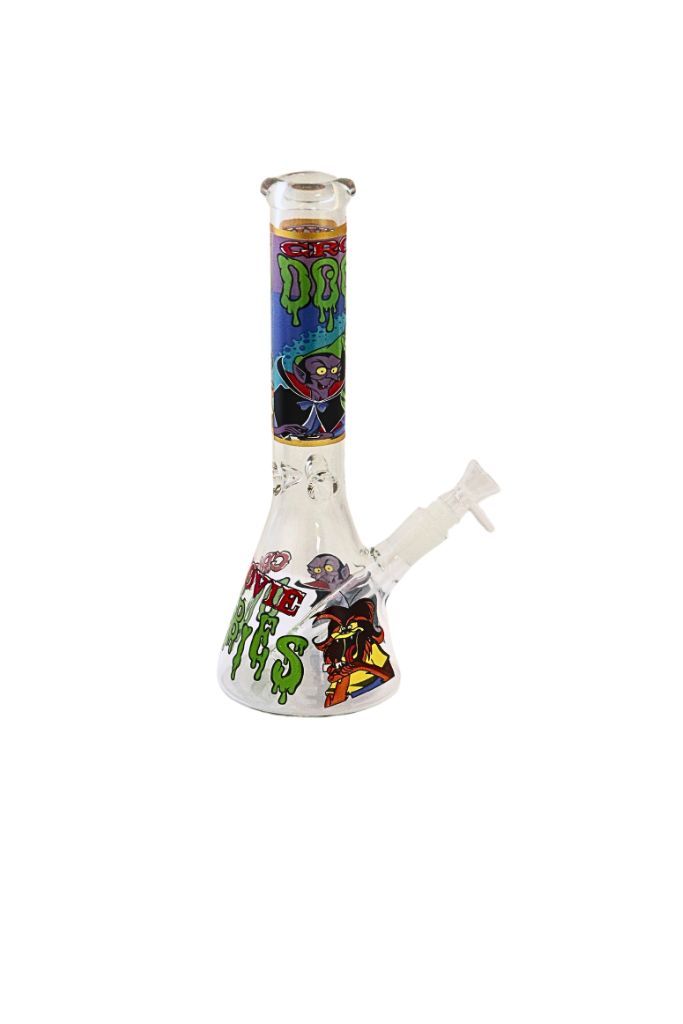 Colorful glass bong with artistic designs on a white background