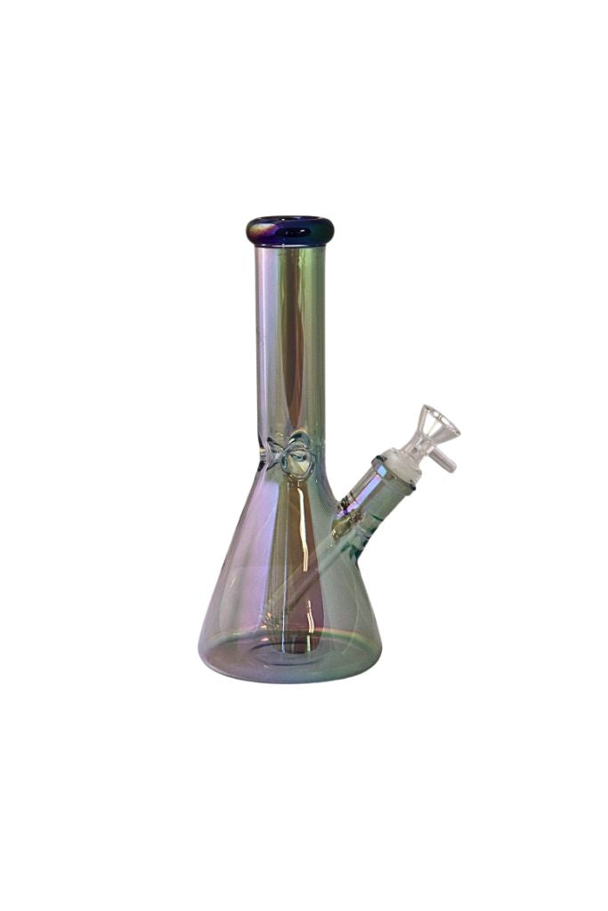 Glass water pipe with metallic sheen on a white background