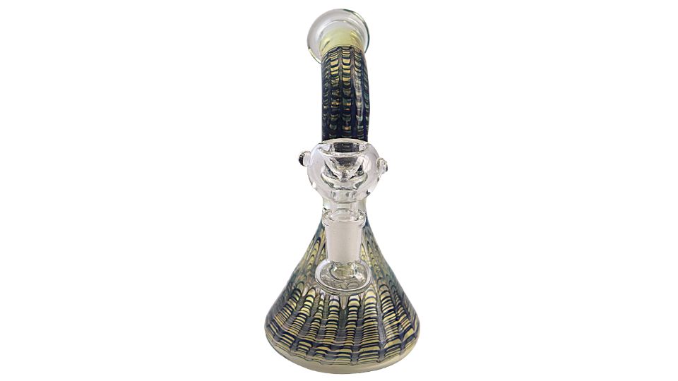 Glass smoking accessory with spider web design on a white background