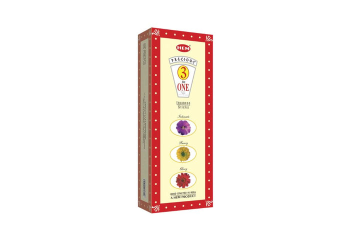 HEM incense stick box with three floral illustrations on a white background