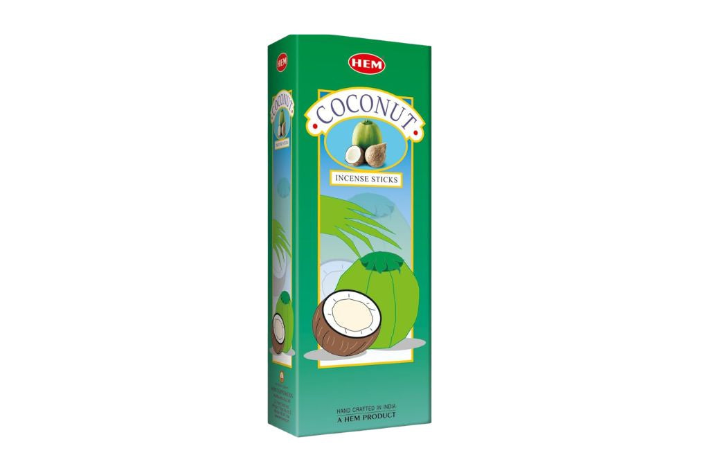 Box of HEM Coconut Incense Sticks on a white background