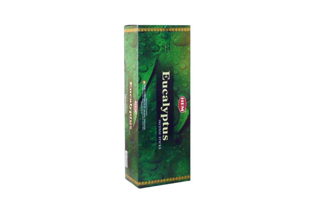 Hem Incese box of Eucalyptus incense sticks on a white background