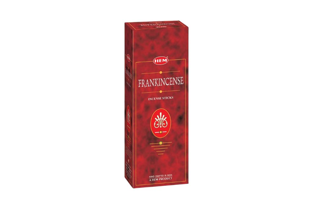 Red box of HEM Frankincense incense sticks on a white background