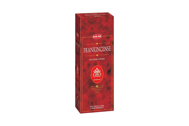 Red box of HEM Frankincense incense sticks on a white background