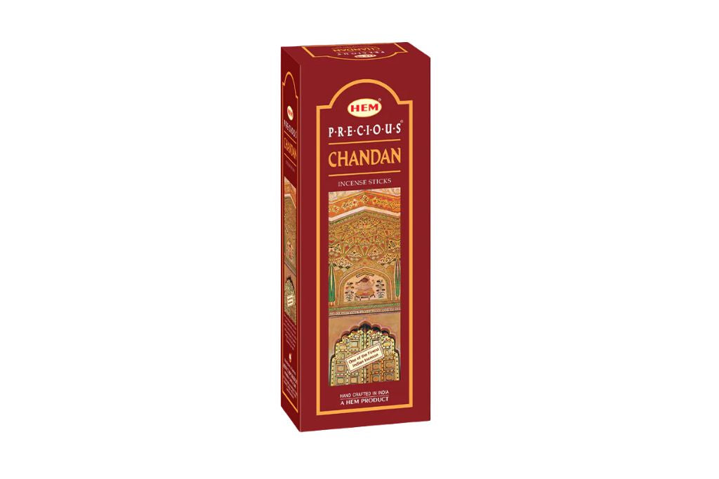 Box of HEM Precious Chandan incense sticks on a white background