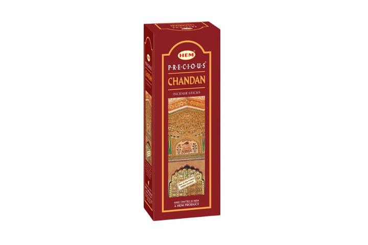 Box of HEM Precious Chandan incense sticks on a white background