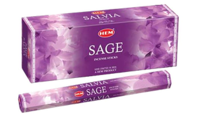 Box of HEM Salvia Sage incense sticks on a white background