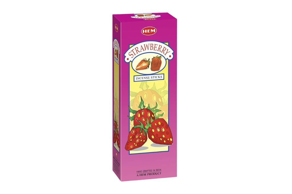 Pink box of strawberry-flavored incense sticks with strawberry graphics on a white background