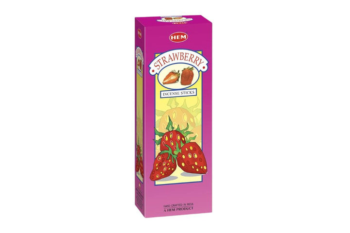Pink box of strawberry-flavored incense sticks with strawberry graphics on a white background