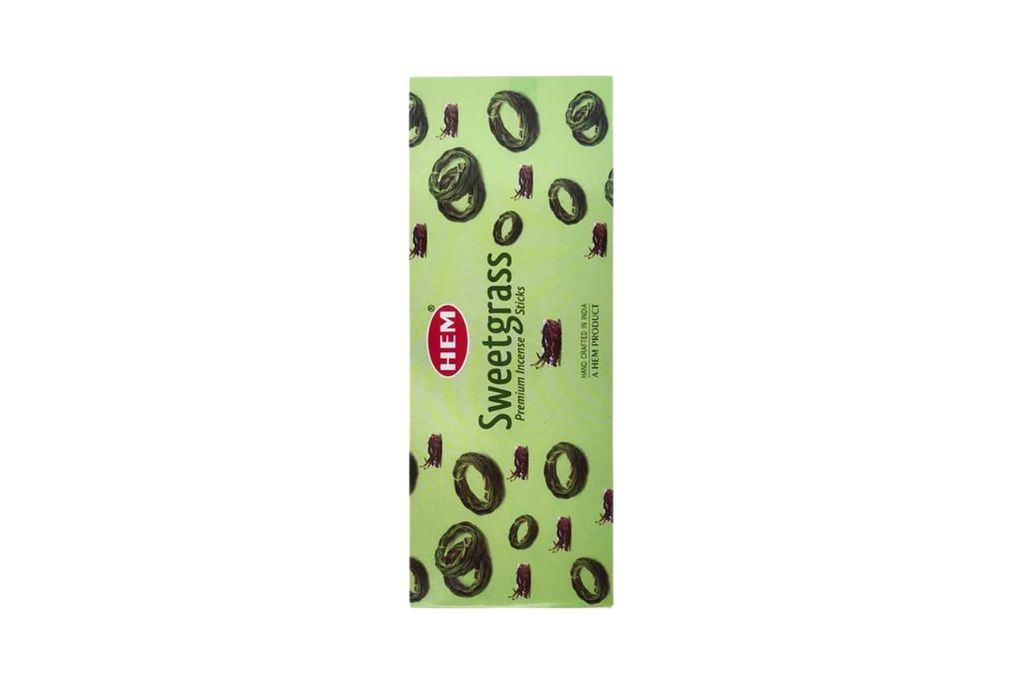 Hem Incense package of Sweetgrass with black circular designs on a white background