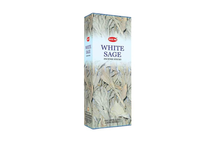 Box of HEM White Sage incense sticks on a white background
