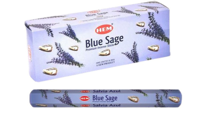 Box of HEM Blue Sage incense sticks on a white background