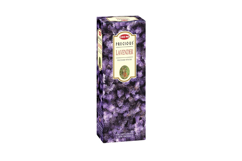 Box of HEM Precious Lavender incense sticks on a white background