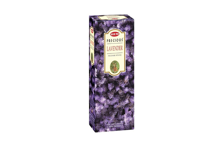 Box of HEM Precious Lavender incense sticks on a white background