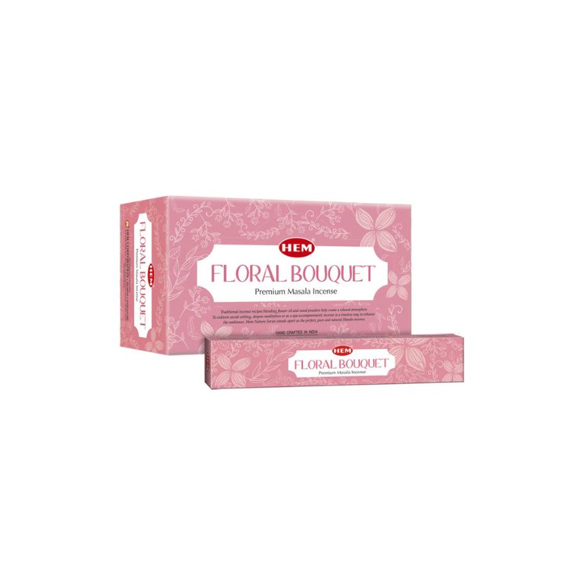 Pink floral bouquet incense boxes by HEM, featuring a larger rectangular box and a smaller horizontal stick pack in front, on a plain white background.