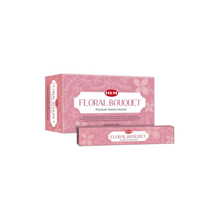 Pink floral bouquet incense boxes by HEM, featuring a larger rectangular box and a smaller horizontal stick pack in front, on a plain white background.