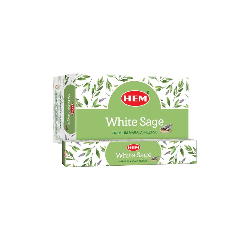 Two boxes of HEM White Sage Premium Masala Incense on a plain white background.