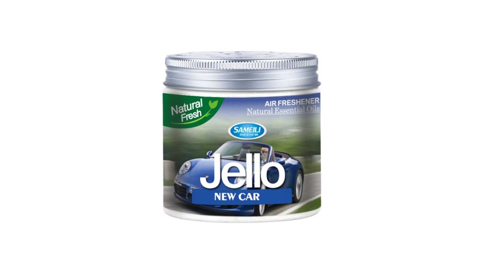 Jello air freshener can with a car on the label against a white background