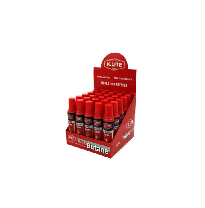 Display of K.Lite butane products in a red box on a white background