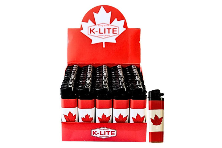 Display of K-Lite lighters with a red maple leaf design on a white background