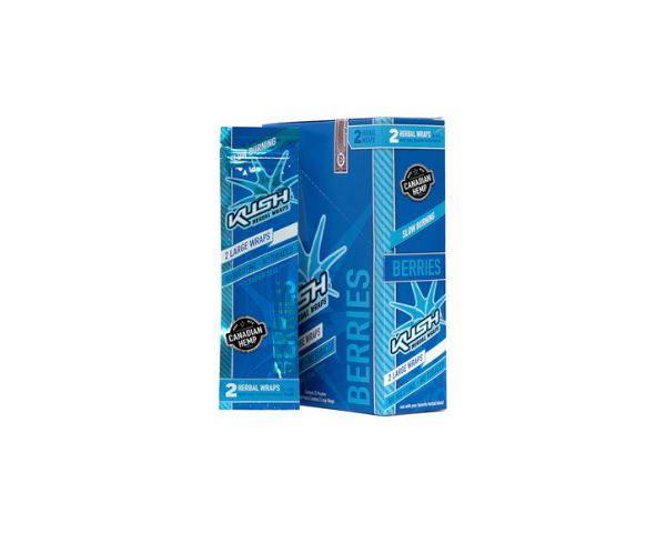 Two blue boxes of Kush Berries cannabis products on a white background