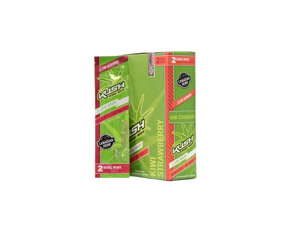 Two green and red boxes of Kush Kiwi Strawberry flavor on a white background