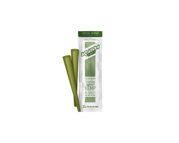 Kush CBD pre-rolled joints packaging with green sticks on a white background